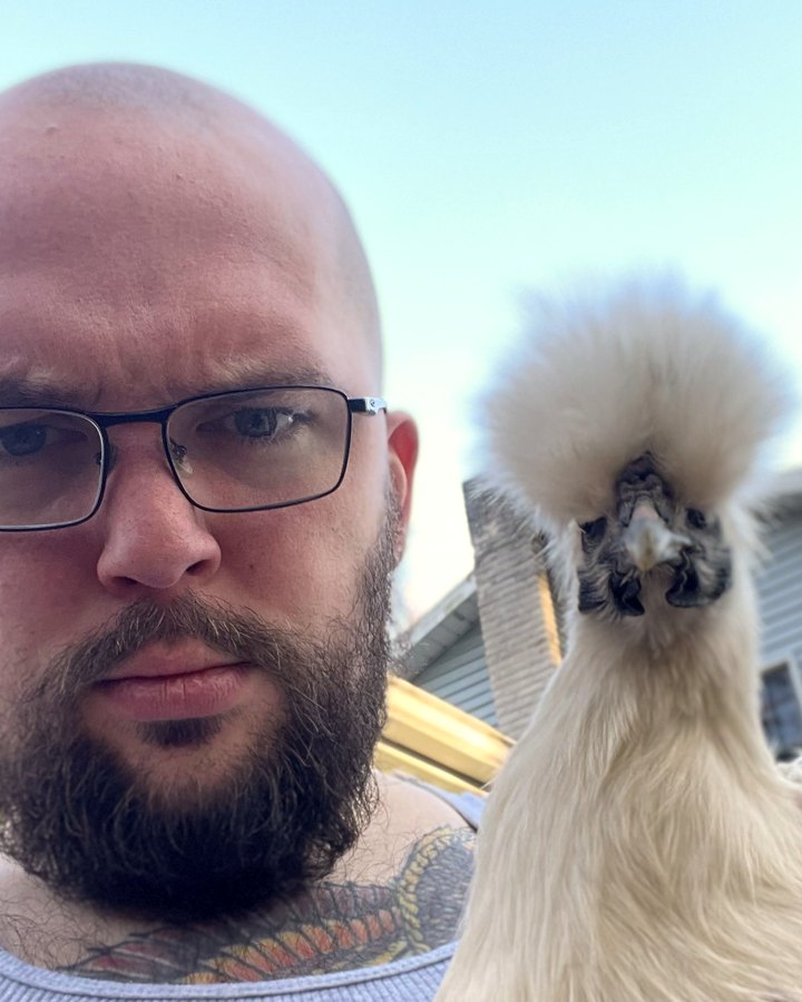 A white Silkie hen held up next to Jake